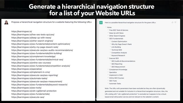 MAXIMIZE YOUR SEO WITH AI CHATBOTS BY @ALEYDA FROM @ORAINTI
Generate a hierarchical navigation structure
 
for a list of your Website URLs
