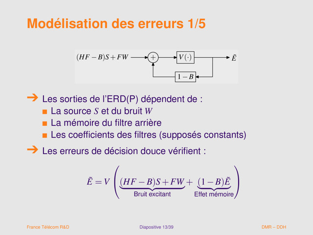 Modélisation des erreurs 1/5
(HF −B)S+FW + V(·) ˜
E
1−B
(HF −B)S+FW + V(·) ˜
E
1−B
Les sorties de l’ERD(P) dépendent de :
s La source S et du bruit W
s La mémoire du ﬁltre arrière
s Les coefﬁcients des ﬁltres (supposés constants)
Les erreurs de décision douce vériﬁent :
˜
E = V

(HF −B)S+FW
Bruit excitant
+ (1−B) ˜
E
Effet mémoire


France Télécom R&D Diapositive 13/39 DMR – DDH
