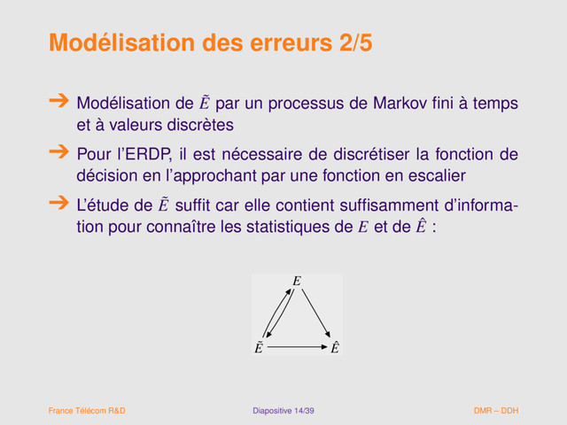 Modélisation des erreurs 2/5
Modélisation de ˜
E par un processus de Markov ﬁni à temps
et à valeurs discrètes
Pour l’ERDP, il est nécessaire de discrétiser la fonction de
décision en l’approchant par une fonction en escalier
L’étude de ˜
E sufﬁt car elle contient sufﬁsamment d’informa-
tion pour connaître les statistiques de E et de ˆ
E :
E
˜
E ˆ
E
E
˜
E ˆ
E
France Télécom R&D Diapositive 14/39 DMR – DDH
