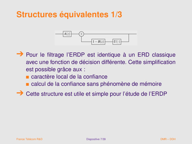 Structures équivalentes 1/3
A(z) +
1−B(z) U(·)
A(z) +
1−B(z) U(·)
Pour le ﬁltrage l’ERDP est identique à un ERD classique
avec une fonction de décision différente. Cette simpliﬁcation
est possible grâce aux :
s caractère local de la conﬁance
s calcul de la conﬁance sans phénomène de mémoire
Cette structure est utile et simple pour l’étude de l’ERDP
France Télécom R&D Diapositive 7/39 DMR – DDH
