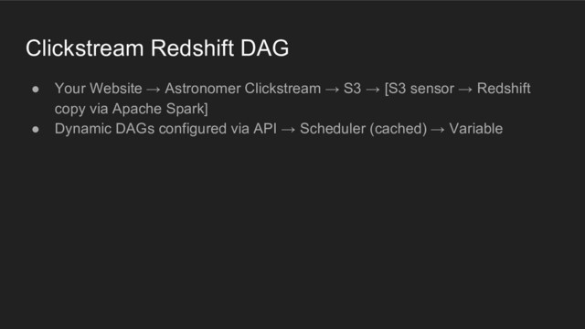 Clickstream Redshift DAG
● Your Website → Astronomer Clickstream → S3 → [S3 sensor → Redshift
copy via Apache Spark]
● Dynamic DAGs configured via API → Scheduler (cached) → Variable
