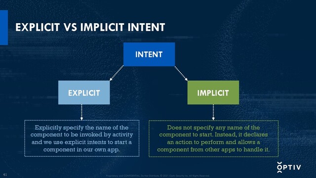 41
EXPLICIT VS IMPLICIT INTENT
EXPLICIT IMPLICIT
Explicitly specify the name of the
component to be invoked by activity
and we use explicit intents to start a
component in our own app.
Does not specify any name of the
component to start. Instead, it declares
an action to perform and allows a
component from other apps to handle it.
INTENT
