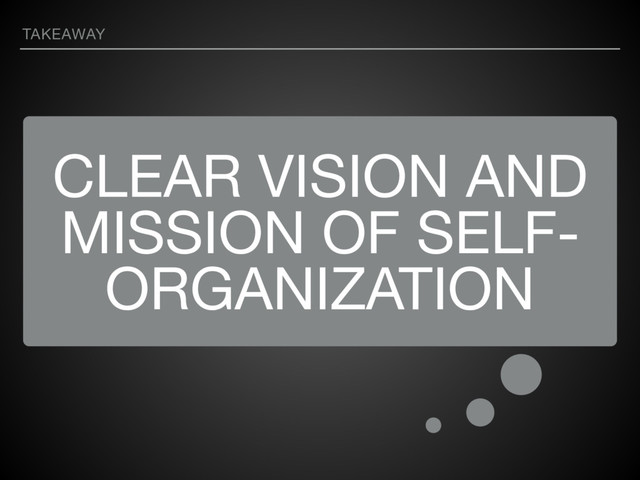 CLEAR VISION AND
MISSION OF SELF-
ORGANIZATION
TAKEAWAY
