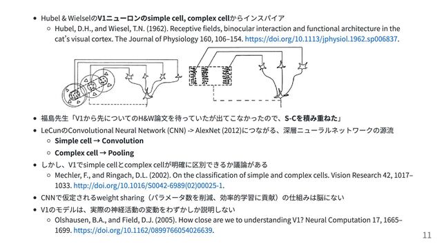 Hubel & WielselのV1ニューロンのsimple cell, complex cellからインスパイア
Hubel, D.H., and Wiesel, T.N. (1962). Receptive fields, binocular interaction and functional architecture in the
cat’s visual cortex. The Journal of Physiology 160, 106–154. https://doi.org/10.1113/jphysiol.1962.sp006837.
福島先生「V1から先についてのH&W論文を待っていたが出てこなかったので、S-Cを積み重ねた」
LeCunのConvolutional Neural Network (CNN) -> AlexNet (2012)につながる、深層ニューラルネットワークの源流
Simple cell → Convolution
Complex cell → Pooling
しかし、V1でsimple cellとcomplex cellが明確に区別できるか議論がある
Mechler, F., and Ringach, D.L. (2002). On the classification of simple and complex cells. Vision Research 42, 1017–
1033. http://doi.org/10.1016/S0042-6989(02)00025-1.
CNNで仮定されるweight sharing（パラメータ数を削減、効率的学習に貢献）の仕組みは脳にない
V1のモデルは、実際の神経活動の変動をわずかしか説明しない
Olshausen, B.A., and Field, D.J. (2005). How close are we to understanding V1? Neural Computation 17, 1665–
1699. https://doi.org/10.1162/0899766054026639. 11
