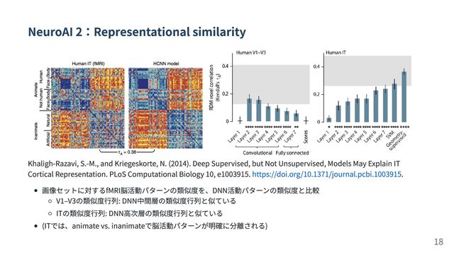 NeuroAI 2：Representational similarity
Khaligh-Razavi, S.-M., and Kriegeskorte, N. (2014). Deep Supervised, but Not Unsupervised, Models May Explain IT
Cortical Representation. PLoS Computational Biology 10, e1003915. https://doi.org/10.1371/journal.pcbi.1003915.
画像セットに対するfMRI脳活動パターンの類似度を、DNN活動パターンの類似度と比較
V1–V3の類似度行列: DNN中間層の類似度行列と似ている
ITの類似度行列: DNN高次層の類似度行列と似ている
(ITでは、animate vs. inanimateで脳活動パターンが明確に分離される)
18
