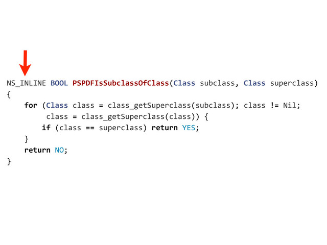 NS_INLINE	  BOOL	  PSPDFIsSubclassOfClass(Class	  subclass,	  Class	  superclass)
{
	  	  	  	  for	  (Class	  class	  =	  class_getSuperclass(subclass);	  class	  !=	  Nil;
	  	  	  	  	  	  	  	  	  class	  =	  class_getSuperclass(class))	  {
	  	  	  	  	  	  	  	  if	  (class	  ==	  superclass)	  return	  YES;
	  	  	  	  }
	  	  	  	  return	  NO;
}
