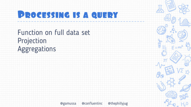 @gamussa @confluentinc @thephillyjug
Processing is a query
Function on full data set
Projection
Aggregations

