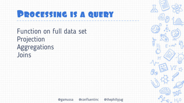@gamussa @confluentinc @thephillyjug
Processing is a query
Function on full data set
Projection
Aggregations
Joins
