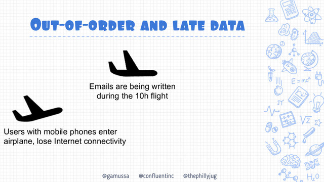 @gamussa @confluentinc @thephillyjug
Out-of-order and late data
Users with mobile phones enter 
airplane, lose Internet connectivity
Emails are being written 
during the 10h flight
