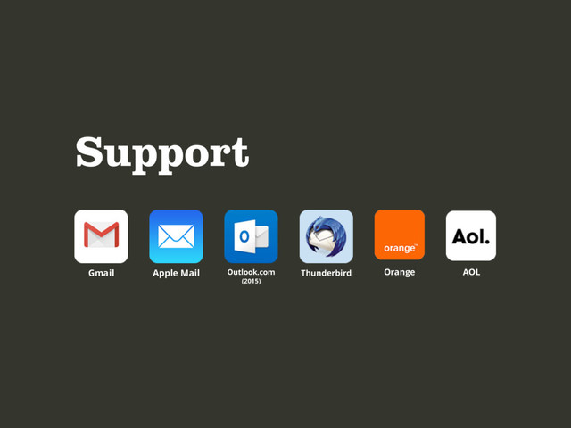 Support
Apple Mail
Gmail Outlook.com 
(2015)
Thunderbird Orange AOL
