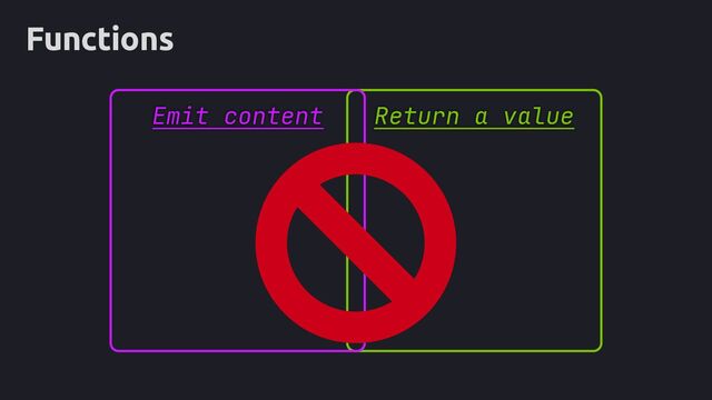 Functions
Return a value
Emit content
