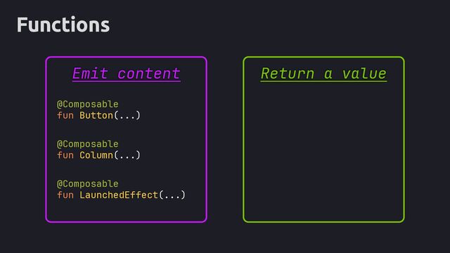 Functions
Return a value
Emit content
@Composable
fun Column(...)
@Composable
fun LaunchedEffect(...)
@Composable
fun Button(...)
