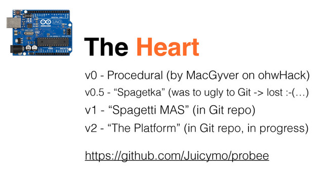 v0 - Procedural (by MacGyver on ohwHack)
The Heart
v0.5 - “Spagetka” (was to ugly to Git -> lost :-(…)
v1 - “Spagetti MAS” (in Git repo)
v2 - “The Platform” (in Git repo, in progress)
https://github.com/Juicymo/probee
