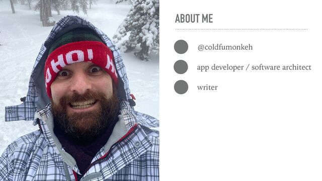 ABOUT ME
@coldfumonkeh
app developer / software architect
writer
