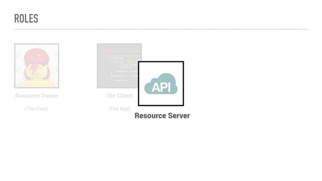 ROLES
The Client
(The App)
Resource Owner
(The User)
Resource Server
