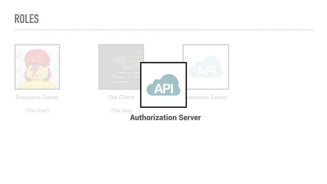 ROLES
The Client
(The App)
Resource Owner
(The User)
Resource Server
Authorization Server
