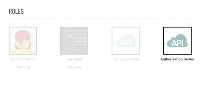 ROLES
The Client
(The App)
Resource Owner
(The User)
Resource Server Authorization Server
