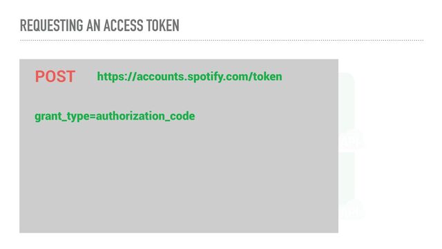 My


Application Spotify
Authorization


Server
Spotify
Resource


Server
User Authorization Request
REQUESTING AN ACCESS TOKEN
Authorization Code Grant
Access Token Request
POST
grant_type=authorization_code
https://accounts.spotify.com/token

