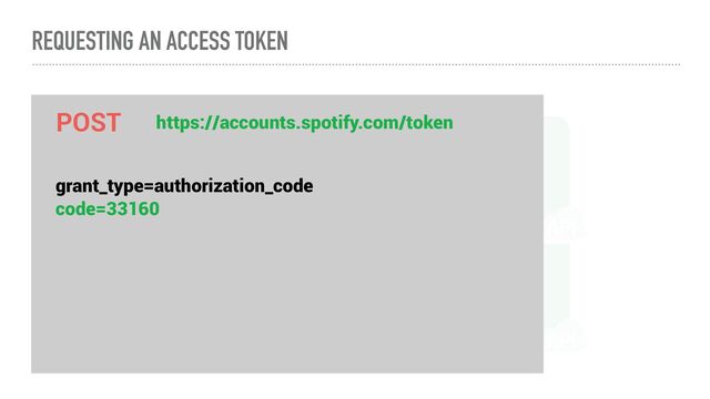 My


Application Spotify
Authorization


Server
Spotify
Resource


Server
User Authorization Request
REQUESTING AN ACCESS TOKEN
Authorization Code Grant
Access Token Request
POST
grant_type=authorization_code


code=33160
https://accounts.spotify.com/token
