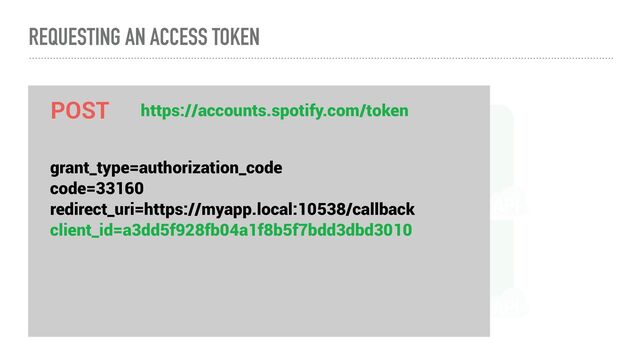 My


Application Spotify
Authorization


Server
Spotify
Resource


Server
User Authorization Request
REQUESTING AN ACCESS TOKEN
Authorization Code Grant
Access Token Request
POST
grant_type=authorization_code


code=33160


redirect_uri=https://myapp.local:10538/callback


client_id=a3dd5f928fb04a1f8b5f7bdd3dbd3010
https://accounts.spotify.com/token
