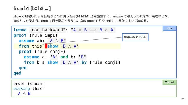 Output
17
thy
show で指定した φ を証明するのに使う fact (b1 b2 b3 …) を宣言する。assume で導入した仮定や、定理などが、
fact として使える。from に何を指定するかは、次の proof でどう reﬁne するかによって決める。
from b1 [b2 b3 … ]
from ab でもOK
