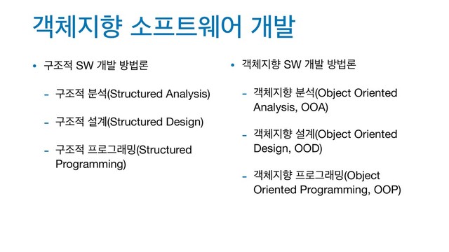 ё୓૑ೱ ࣗ೐౟ਝয ѐߊ
• ҳઑ੸ SW ѐߊ ߑߨۿ

- ҳઑ੸ ࠙ࢳ(Structured Analysis)

- ҳઑ੸ ࢸ҅(Structured Design)

- ҳઑ੸ ೐۽Ӓې߁(Structured
Programming)
• ё୓૑ೱ SW ѐߊ ߑߨۿ

- ё୓૑ೱ ࠙ࢳ(Object Oriented
Analysis, OOA)

- ё୓૑ೱ ࢸ҅(Object Oriented
Design, OOD)

- ё୓૑ೱ ೐۽Ӓې߁(Object
Oriented Programming, OOP)
