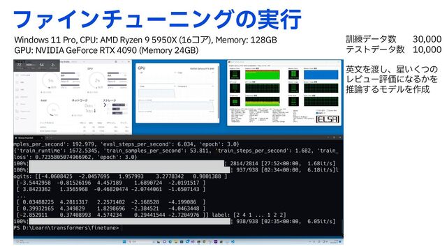 ϑΝΠϯνϡʔχϯάͷ࣮ߦ
Windows 11 Pro, CPU: AMD Ryzen 9 5950X (16コア), Memory: 128GB
GPU: NVIDIA GeForce RTX 4090 (Memory 24GB)
܇࿅σʔλ਺ 
ςετσʔλ਺ 
ӳจΛ౉͠ɺ੕͍ͭ͘ͷ
ϨϏϡʔධՁʹͳΔ͔Λ
ਪ࿦͢ΔϞσϧΛ࡞੒
