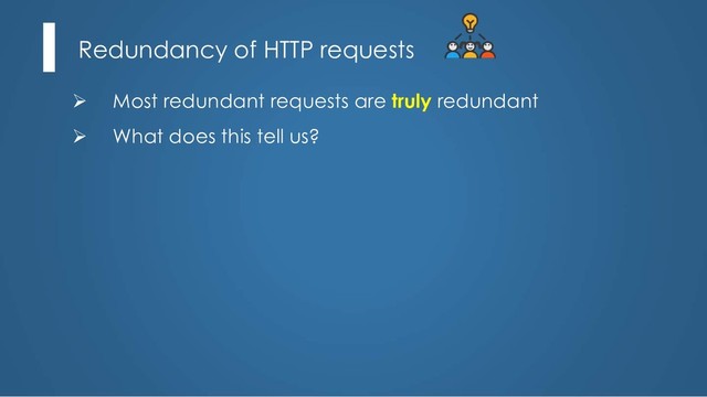 Redundancy of HTTP requests
Ø Most redundant requests are truly redundant
Ø What does this tell us?
