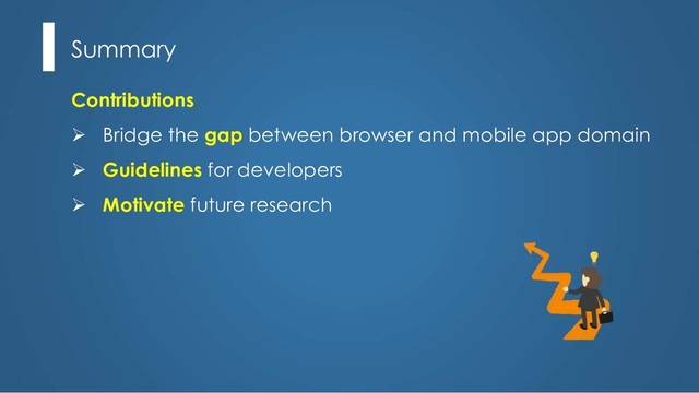 Summary
Contributions
Ø Bridge the gap between browser and mobile app domain
Ø Guidelines for developers
Ø Motivate future research
