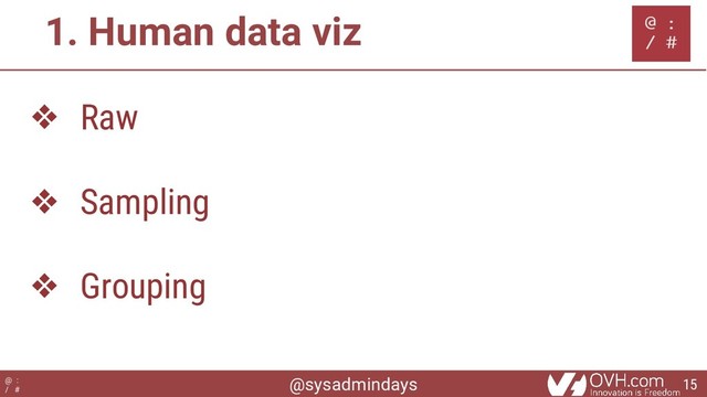 @sysadmindays
@ :
/ #
1. Human data viz
❖ Raw
❖ Sampling
❖ Grouping
15
