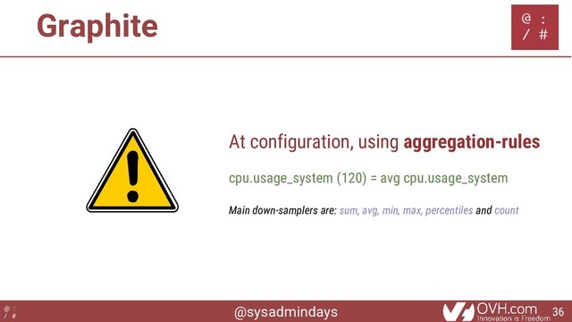 @sysadmindays
@ :
/ #
Graphite
At configuration, using aggregation-rules
cpu.usage_system (120) = avg cpu.usage_system
Main down-samplers are: sum, avg, min, max, percentiles and count
36
