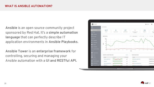20
WHAT IS ANSIBLE AUTOMATION?
Ansible is an open source community project
sponsored by Red Hat. It’s a simple automation
language that can perfectly describe IT
application environments in Ansible Playbooks.
Ansible Tower is an enterprise framework for
controlling, securing and managing your
Ansible automation with a UI and RESTful API.
