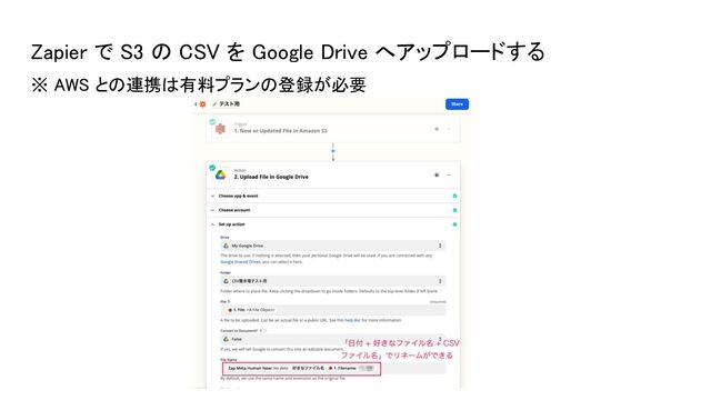 Zapier で S3 の CSV を Google Drive へアップロードする 
※ AWS との連携は有料プランの登録が必要 
