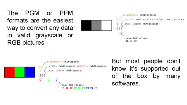 The PGM or PPM
formats are the easiest
way to convert any data
in valid grayscale or
RGB pictures.
But most people don’t
know it’s supported out
of the box by many
softwares.
