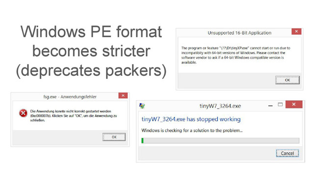 Windows PE format
becomes stricter
(deprecates packers)
