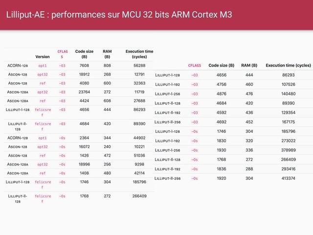 Lilliput-AE : performances sur MCU 32 bits ARM Cortex M3
