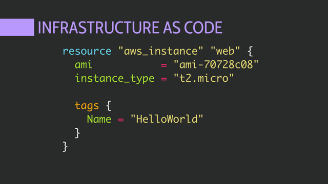INFRASTRUCTURE AS CODE
resource "aws_instance" "web" {
ami = "ami-70728c08"
instance_type = "t2.micro"
tags {
Name = "HelloWorld"
}
}
