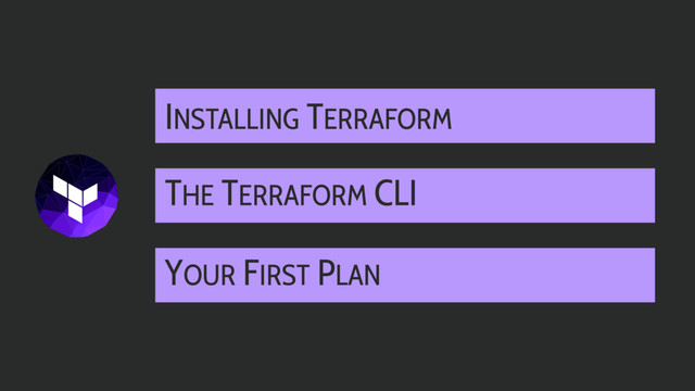 THE TERRAFORM CLI
YOUR FIRST PLAN
INSTALLING TERRAFORM
