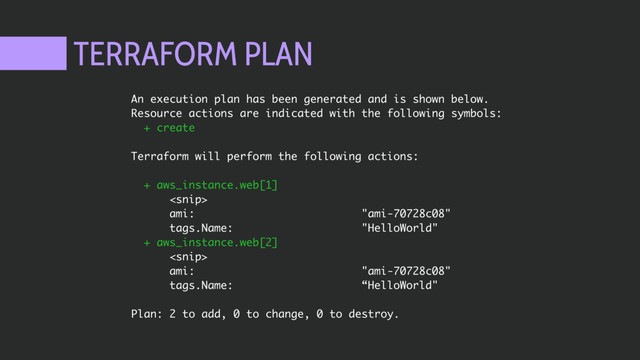 TERRAFORM PLAN
An execution plan has been generated and is shown below.
Resource actions are indicated with the following symbols:
+ create
Terraform will perform the following actions:
+ aws_instance.web[1]

ami: "ami-70728c08"
tags.Name: "HelloWorld"
+ aws_instance.web[2]

ami: "ami-70728c08"
tags.Name: “HelloWorld"
Plan: 2 to add, 0 to change, 0 to destroy.
