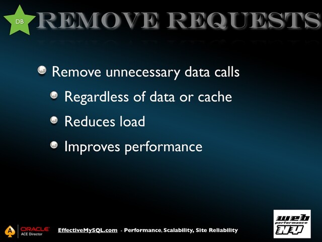 EffectiveMySQL.com - Performance, Scalability, Site Reliability
Remove Requests
Remove unnecessary data calls
Regardless of data or cache
Reduces load
Improves performance
DB
