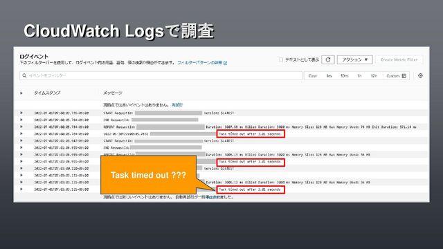 CloudWatch Logsで調査
Task timed out ???
