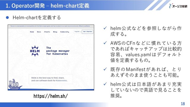 マスター タイトルの書式設定
1. Operator開発 – helm-chart定義
18
 Helm-chartを定義する
 helm公式などを参照しながら作
成する。
 AWSのCFnなどに慣れている方
であればキャッチアップは比較的
容易、values.yamlはデフォルト
値を定義するもの。
 既存のManifestがあれば、とり
あえずそのまま使うことも可能。
 helm公式は日本語があまり充実
していないので英語で見ることを
推奨。
https://helm.sh/
