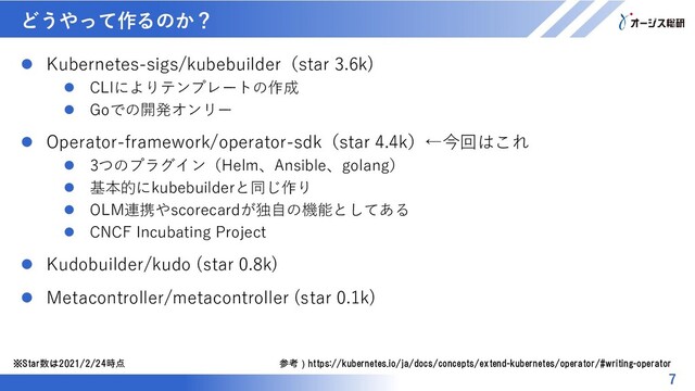マスター タイトルの書式設定
どうやって作るのか？
7
 Kubernetes-sigs/kubebuilder（star 3.6k)
 CLIによりテンプレートの作成
 Goでの開発オンリー
 Operator-framework/operator-sdk（star 4.4k）←今回はこれ
 3つのプラグイン（Helm、Ansible、golang）
 基本的にkubebuilderと同じ作り
 OLM連携やscorecardが独自の機能としてある
 CNCF Incubating Project
 Kudobuilder/kudo (star 0.8k)
 Metacontroller/metacontroller (star 0.1k)
参考）https://kubernetes.io/ja/docs/concepts/extend-kubernetes/operator/#writing-operator
※Star数は2021/2/24時点
