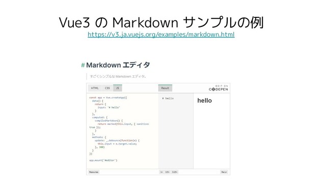 Vue3 の Markdown サンプルの例
https://v3.ja.vuejs.org/examples/markdown.html
