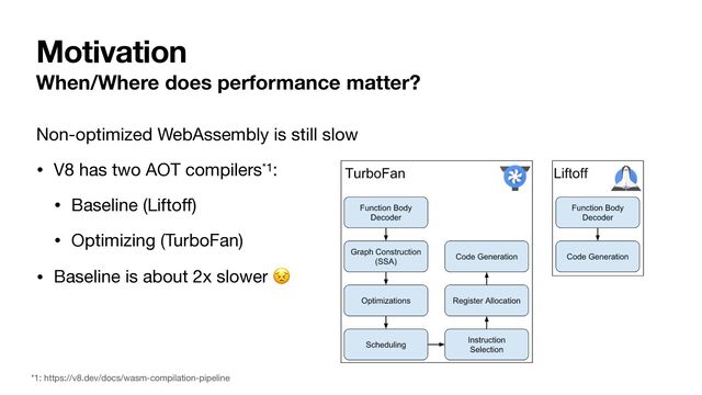 Motivation
When/Where does performance matter?
Non-optimized WebAssembly is still slow

• V8 has two AOT compilers*1:

• Baseline (Lifto
ff
)

• Optimizing (TurboFan)

• Baseline is about 2x slower 😣
*1: https://v8.dev/docs/wasm-compilation-pipeline
