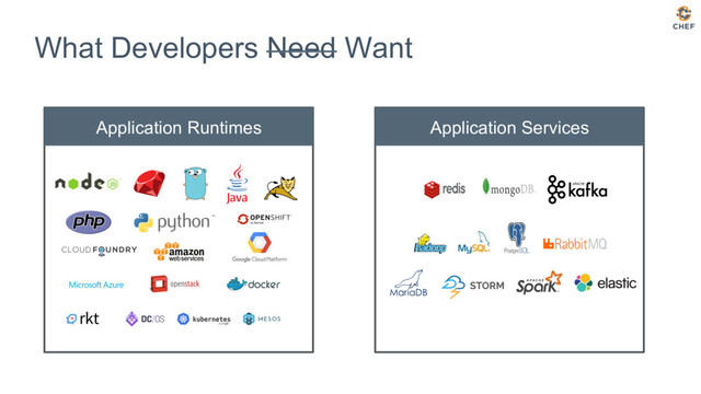 Application Services
What Developers Need Want
Application Runtimes
