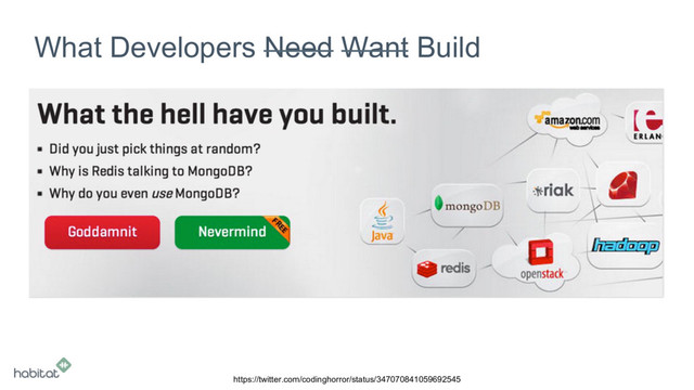 https://twitter.com/codinghorror/status/347070841059692545
What Developers Need Want Build

