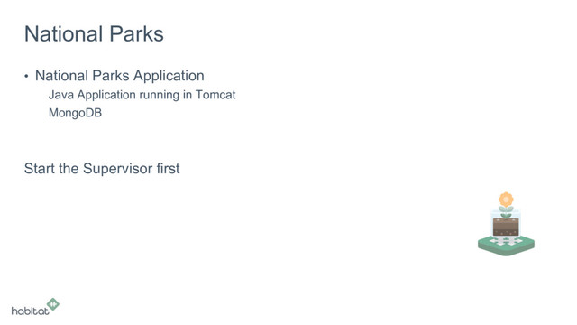 National Parks
•  National Parks Application
 
Java Application running in Tomcat
 
MongoDB
Start the Supervisor first
