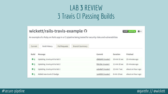 #secure-pipeline @garethr // @wickett
LAB 3 REVIEW
3 Travis CI Passing Builds
