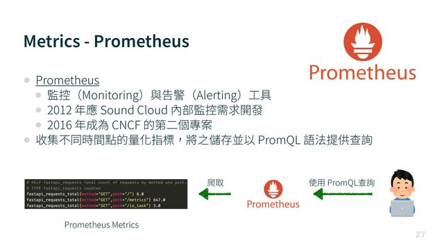 Metrics - Prometheus

• Prometheus


• 監控（Monitoring）與告警（Alerting）⼯具


• 2012 年應 Sound Cloud 內部監控需求開發


• 2016 年成為 CNCF 的第⼆個專案


• 收集不同時間點的量化指標，將之儲存並以 PromQL 語法提供查詢
Prometheus Metrics
爬取 使⽤ PromQL查詢
